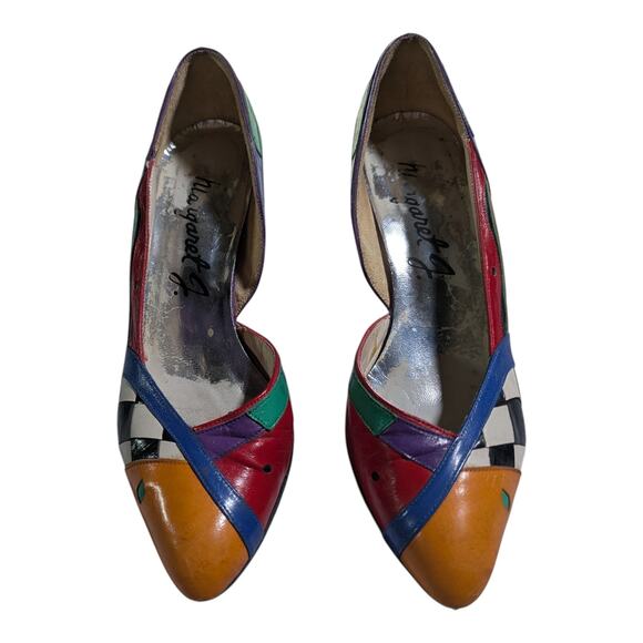 Vtg 1990s Margaret J Color Block Checkerboard Abstract Pointed Toe Pumps Sz 6 - Picture 2 of 6